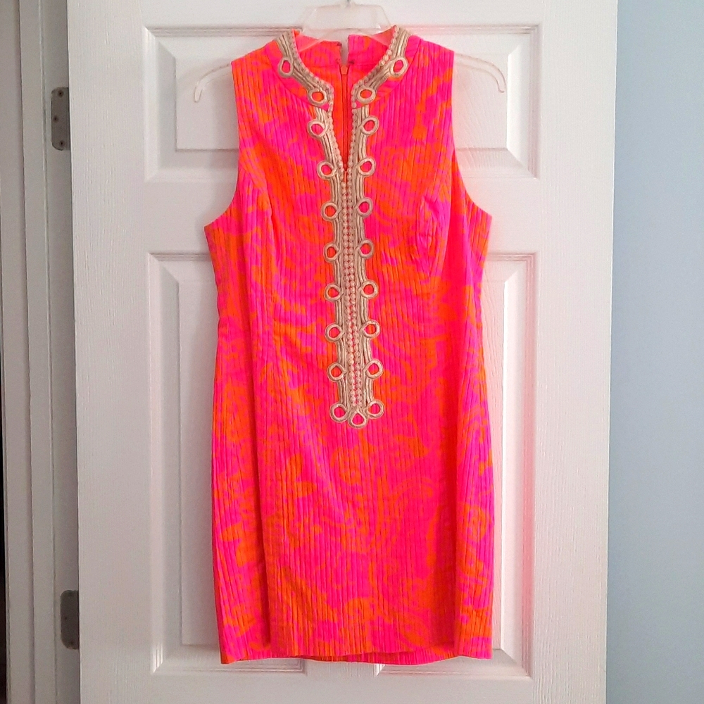 Lily Pulitzer pink and gold shift dress.
